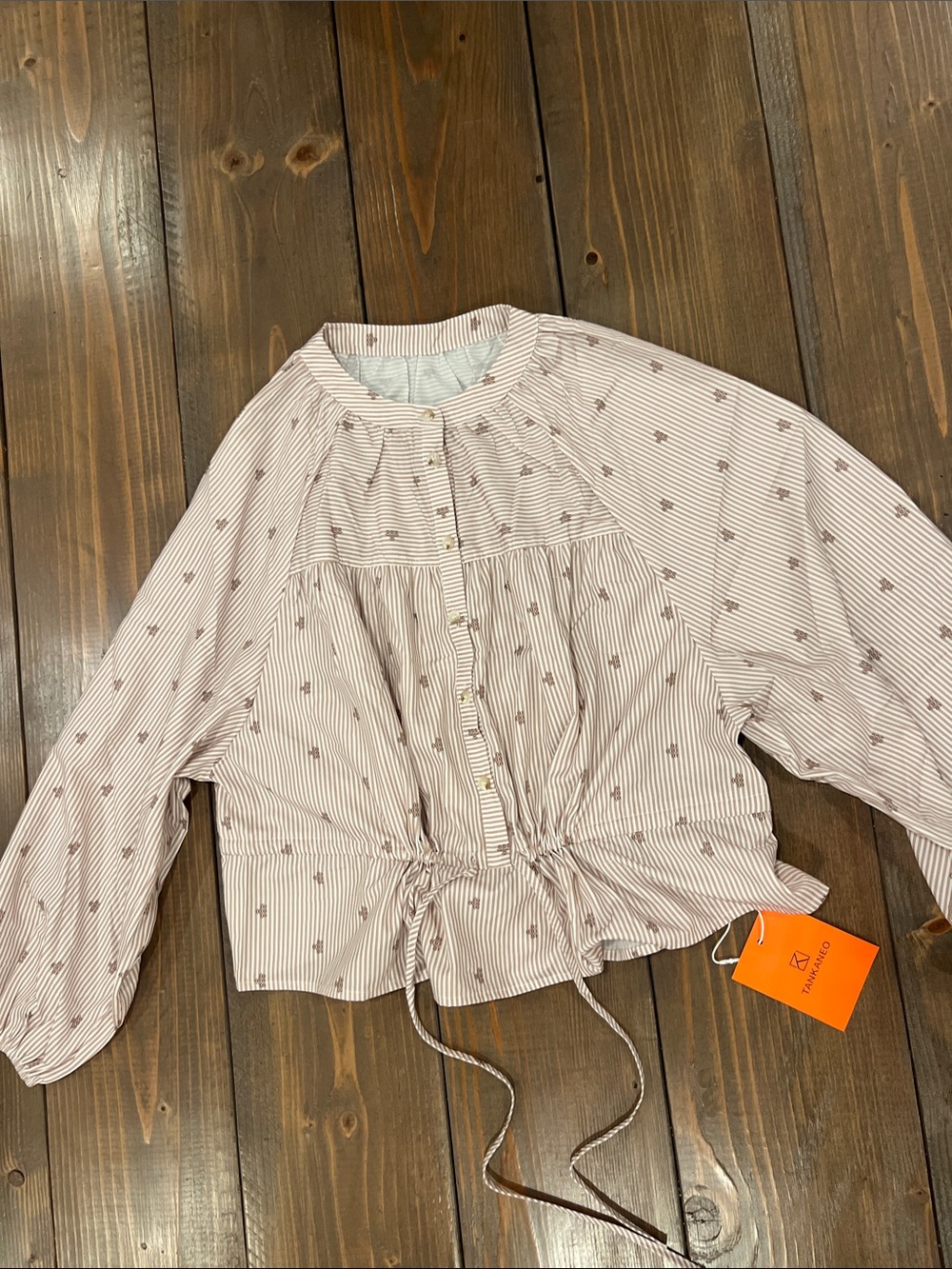 Light Pink Striped Button-Front Women's Shirt with Drawstring